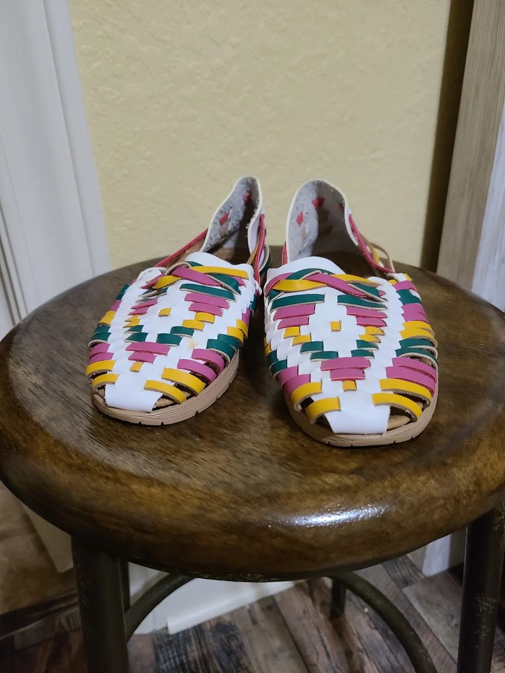 Multicolor Woven Huarache Flats - White, Pink, Yellow, Green Size 5